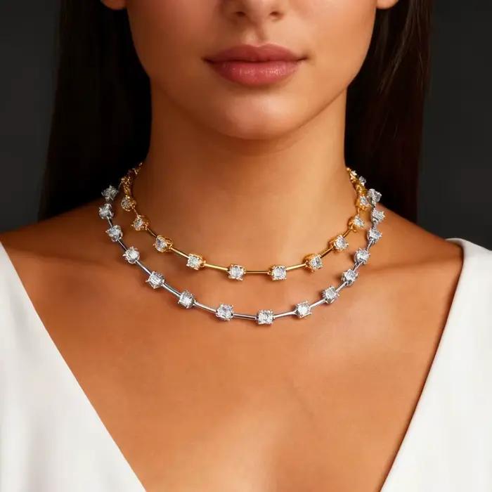 Nouveau Design de mode géométrie Bling ovale CZ collier ras du cou Lariat longue barre larme Y forme