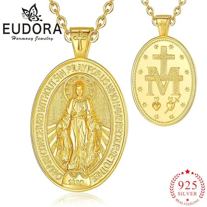 Collier Vierge Marie en Argent Sterling 925 avec Pendentif Religieux Or 18 Carats Bijoux Femmes Occasions Spéciales