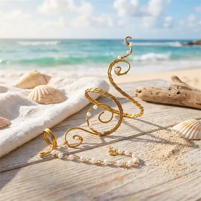 Bracelet spirale bohème avec anneau de doigt en perle, harnais de main en fil métallique, bracelets connectés pour femme, bijoux de plage