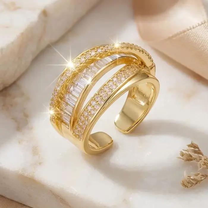 Bague classique couleur or à large ouverture pour femme, zircone brillante de luxe, ajustable, bijou de fiançailles et de mariage, cadeau