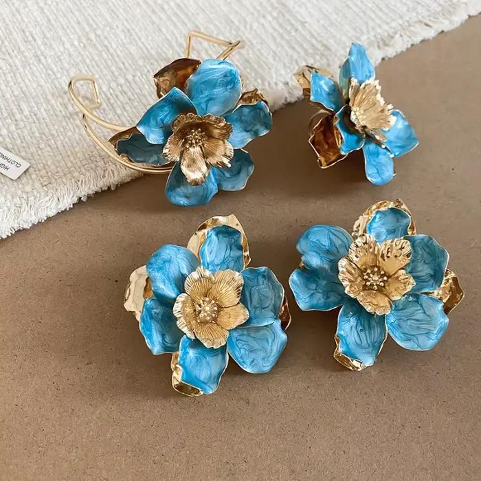 Boucles d'oreilles pendantes Minar en émail couleur bonbon, métalliques, multicouches, grandes fleurs, pour femmes, bijoux en alliage de fer plaqué or