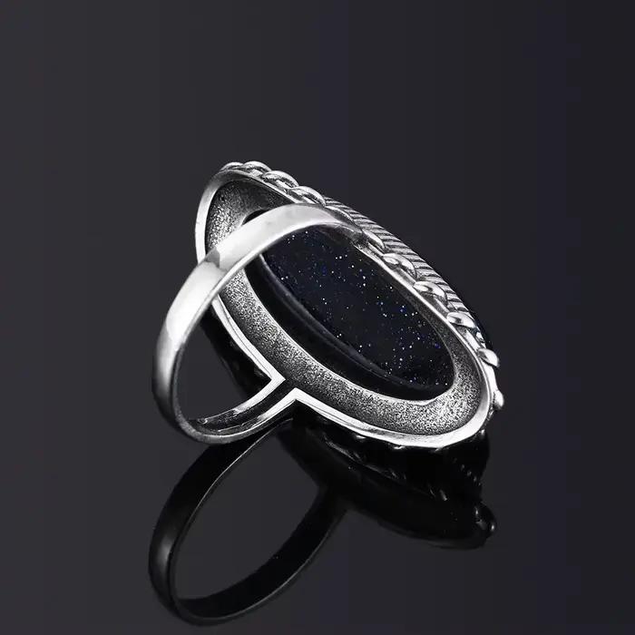 Bague rétro en argent, bijoux Vintage en pierre de grès bleue, grande pierre de luxe élégante, cadeau fin pour femmes et hommes