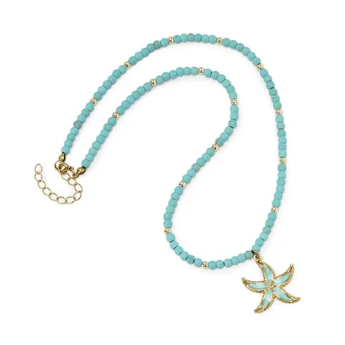 Collier ras du cou tendance en perles turquoise fait main pour femme, motif poisson, tortue, étoile de mer, bijoux