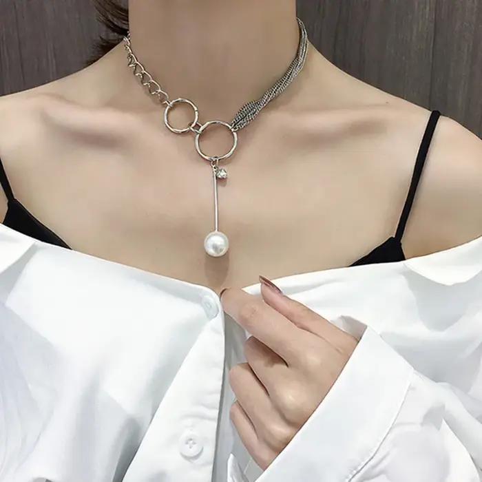 Collier de perles coréennes semi-rondes élégant avec chaîne en maillons pour femmes occasions spéciales bohème