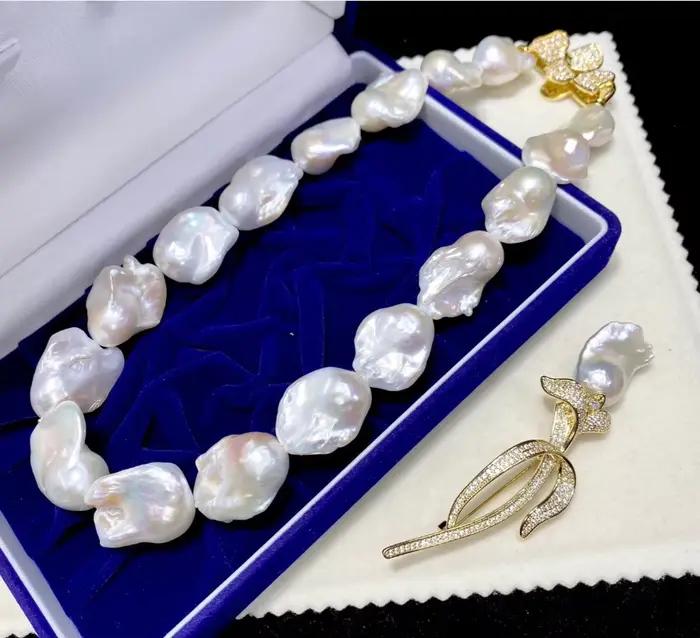 Collier vintage en perles Akoya véritables, perles naturelles de 13-21 mm, grandes perles baroques, ensemble de collier et fleur de poitrine, 18'' 20''