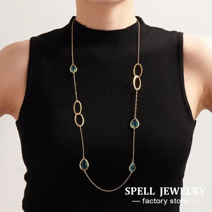 Collier chaîne de pull longue en acier inoxydable plaqué or avec gouttelettes brillantes et pierre de verre à facettes pour femmes occasions spéciales