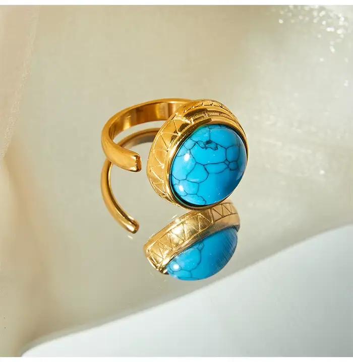 Bague Vintage Turquoise Naturelle pour Femme, Acier Inoxydable Plaqué Or, Bague Ronde Ouverte Femme, Bijoux Fantaisie, Cadeau