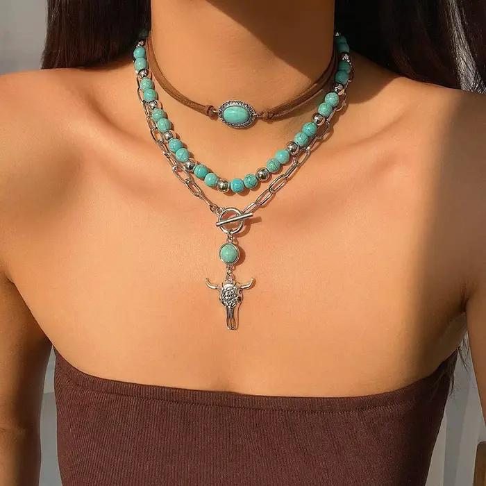 Collier Superposé Vintage Femme Perles Turquoises Motif Géométrique Punk Robe Cowgirl Accessoires Occasions Spéciales