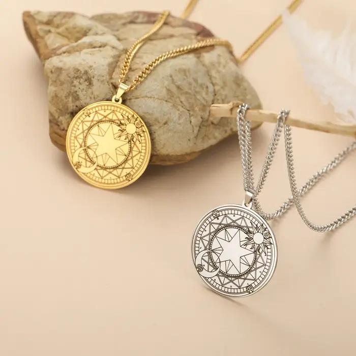 Amulette Magique Sun Sakura en Acier Inoxydable Cercle Magic Porte-Bonheur Collier Bijoux Unisexe Occasions Spéciales