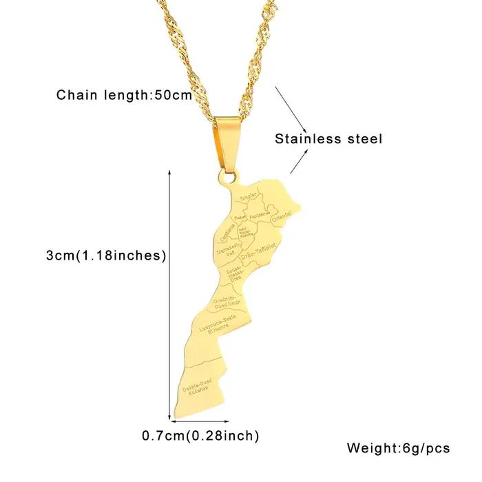 Collier pendentif carte de la ville du marocain africain, en acier inoxydable, pour hommes et femmes