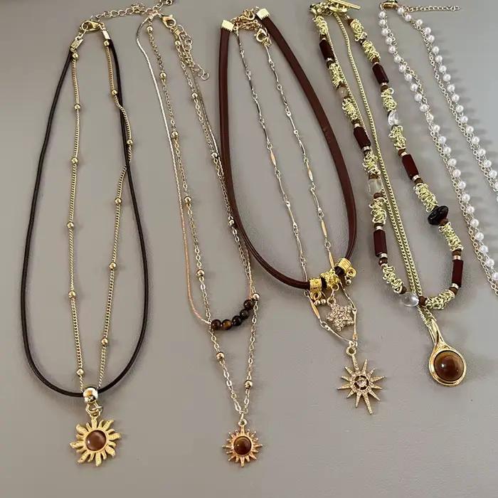 Collier en zircon étoile du soleil pour femmes vintage en cuir pendentif double couche chaîne ras du cou bijoux à la mode occasions spéciales