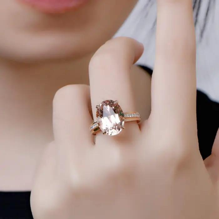 Bague Morganite Naturelle et Diamant Simulé Plaquée Or 18K Élégante et Tendance Occasionnels Femme