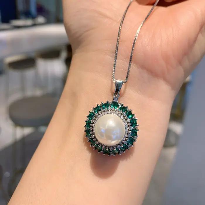 Boucles d'oreilles blanches Big Pearl None pour femmes, collier pendentif émeraude verte, ensemble d
