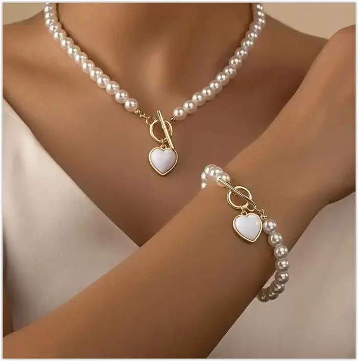 Collier d'amour créatif en Imitation de perles, 2 pièces, avec Bracelet, ensemble de bijoux pour fem