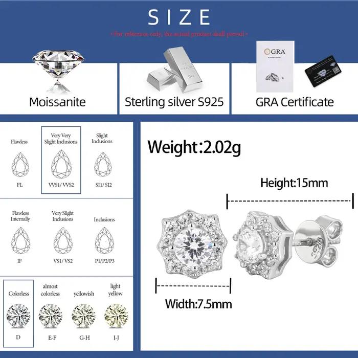 Boucles d'oreilles étoile à huit branches en Moissanite Bling D VVS pour hommes et femmes