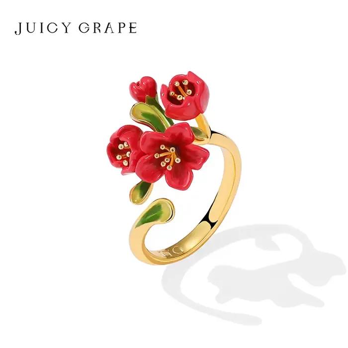 Bague en émail fleur de bégonia rouge plaquée or 18k zirconium pour femme occasions spéciales cadeau anniversaire noël