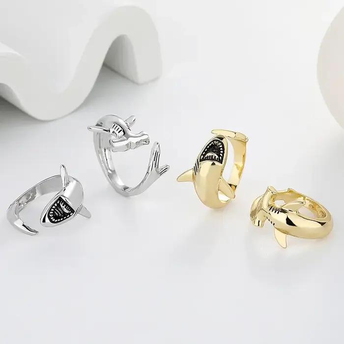 Bague élégante couleur or argent Animal requin marin redimensionnable ouvert Viking Anillo pour femmes hommes amoureux de l'océan doigt bijoux Joias
