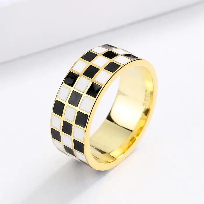 Bague coréenne en forme de goutte d'huile anneau à carreaux noir blanc pour femmes occasions spéciales mariage engagement