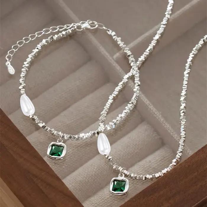 Collier de perles avec pendentif vert émeraude en argent Sterling 925 pour femmes