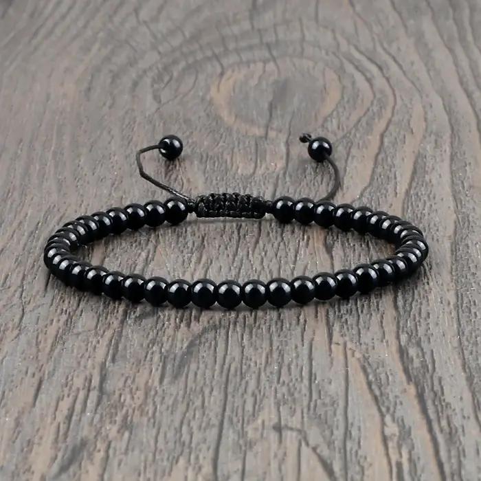 Bracelet de perles fait à la main 4 6 8mm pierre naturelle brillant noir Onyx