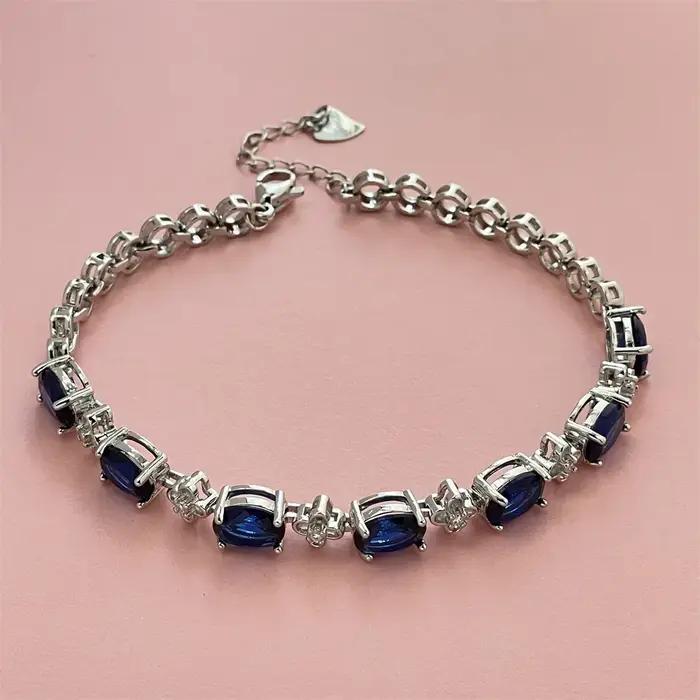 Bracelet en argent sterling 925 avec pierre précieuse bleu foncé, élégant, polyvalent et tendance, c