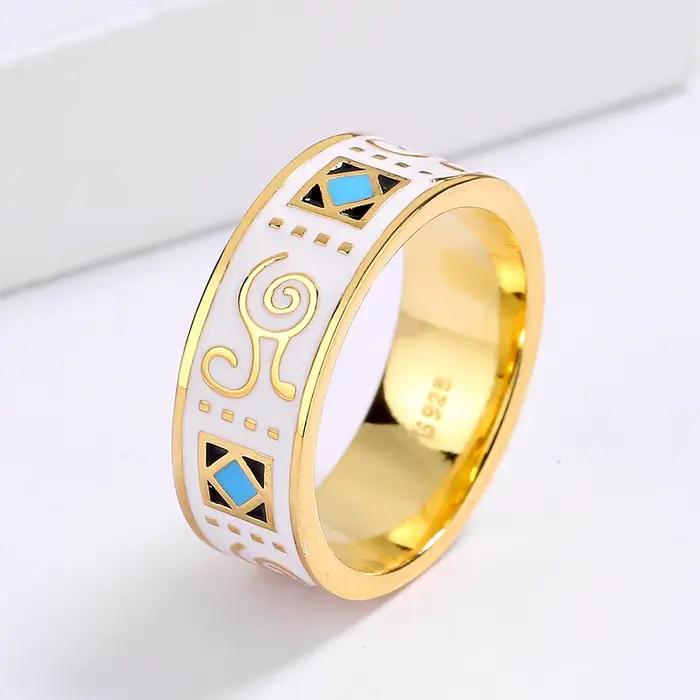 Classic18k or hommes bague mode motif irrégulier blanc main émail bijoux bague pour femmes 925 timbre offre spéciale anneaux de mariage
