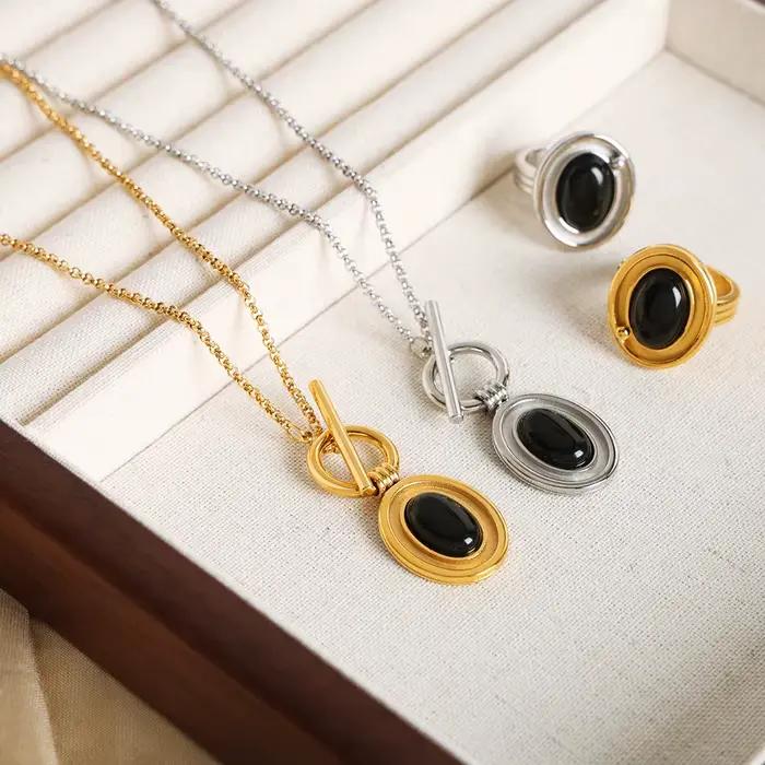 Ensemble de bijoux pendentif en agate noire pour femme