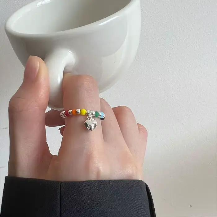 Bague Anenjery carrée cœur couleur arc-en-ciel perlée bague de cocktail femme à la mode tracker d'humeur pour occasions sociales élégante à offrir