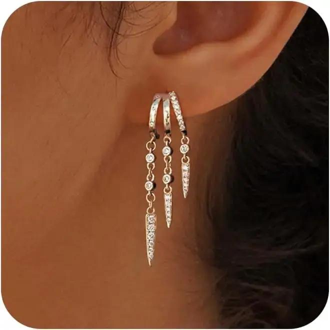 Femmes boucles d'oreilles 14k plaqué or véritable Triple Huggie