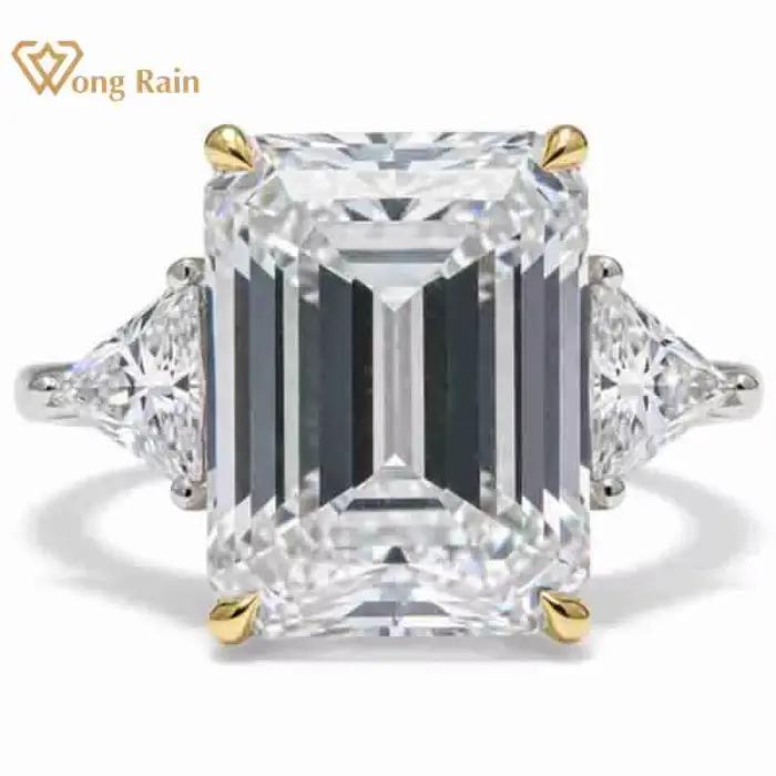 Wong Rain – bague vintage en argent sterling 100% 925, 10x14 MM, saphir de laboratoire taillé en émeraude, diamants à haute teneur en carbone, bijoux fins