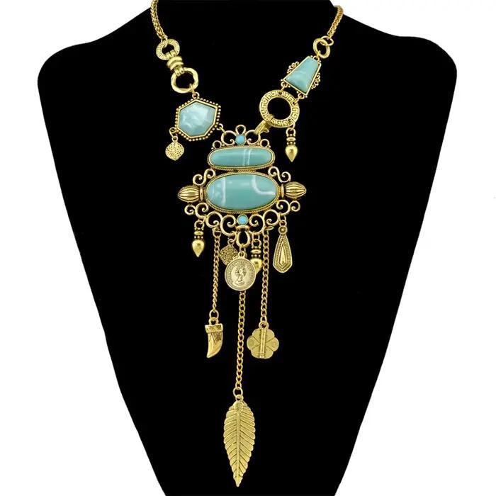 Collier bohème Femme gland Maxi pièce de monnaie cou chaîne turc vert pierre pendentif femmes bavoir
