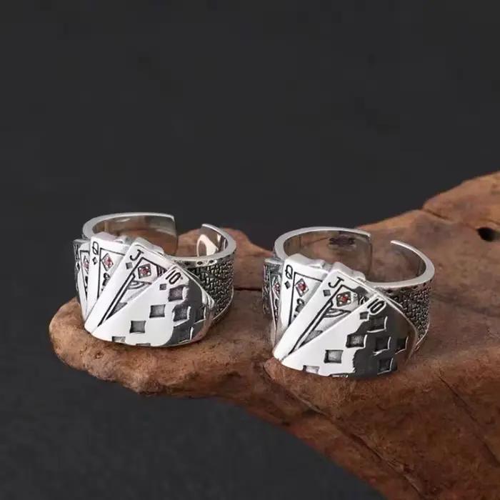 Bague de poker rétro Royal Flush pour hommes punk gothique rock hip hop annelé ouvert bijou de créateur unisexe artisanal occasion party