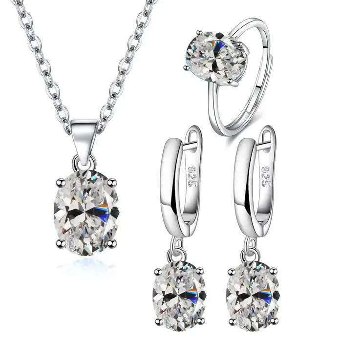 Ensembles de bijoux en argent Sterling s925 pour femmes, bague en Zircon Ellipse, collier, boucles d