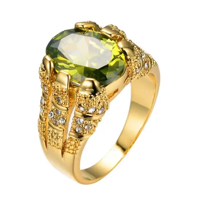 Nouvelle mode mâle péridot ovale bague de luxe grand cristal Zircon pierre anneau 14KT or jaune promesse bagues de fiançailles pour hommes