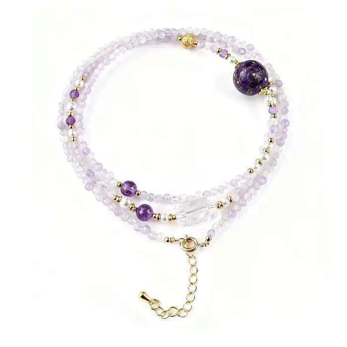 Bracelet empilé multicouche en perles de laque améthyste naturelle