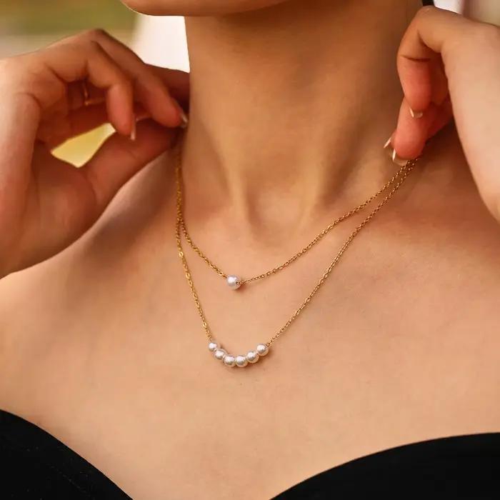Magnifique collier ras du cou à chaîne au design simple pour femme, pendentif perle, bijou en acier inoxydable plaqué or 18 carats