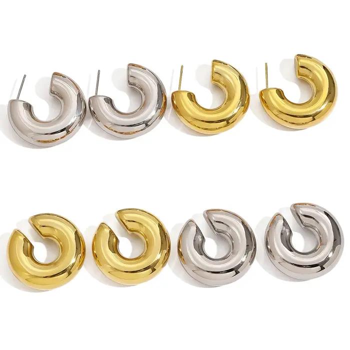 Boucles d'oreilles créoles épaisses en forme de C pour femmes, cercle brillant, couleur or argent, acier inoxydable, pour occasions spéciales et quotidienne, cadeau pour maman, filles, dames, amies