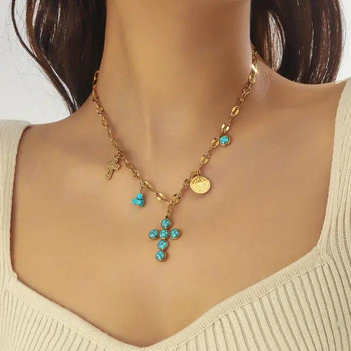 Collier avec pendentif croix turquoise en acier inoxydable 316 pour femmes et filles