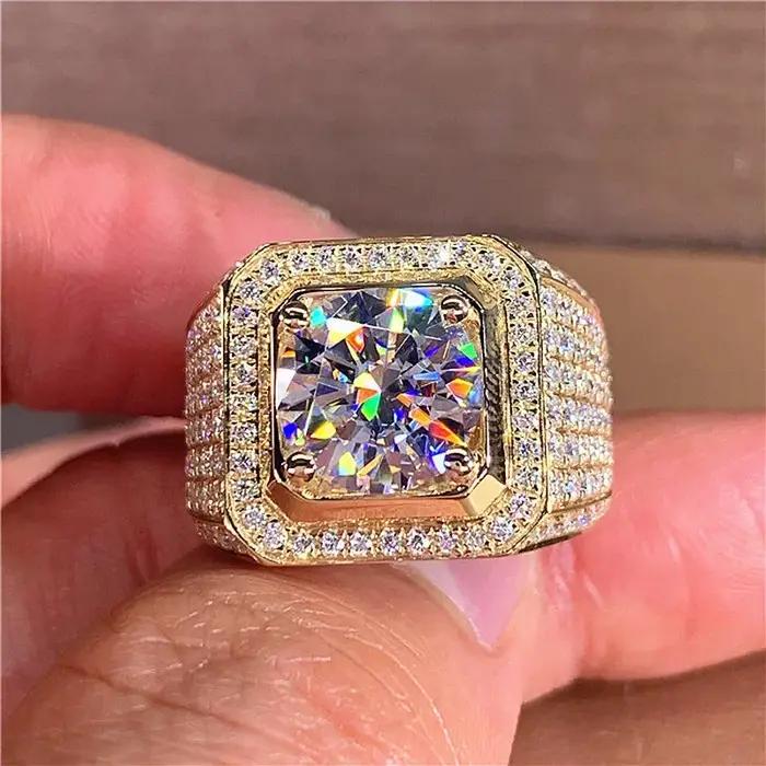 14K or Solitaire mâle 2ct laboratoire diamant Moissanite bague couleur argent bijoux fiançailles alliance anneaux pour hommes cadeau