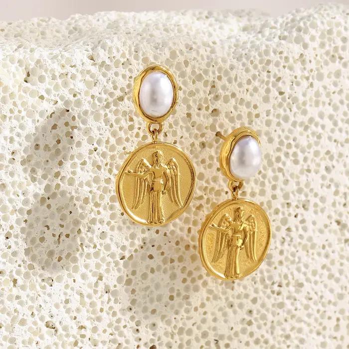 316L acier inoxydable perle ange reine collier Hip Hop étanche ensemble de bijoux femmes 18K plaqué or accessoires