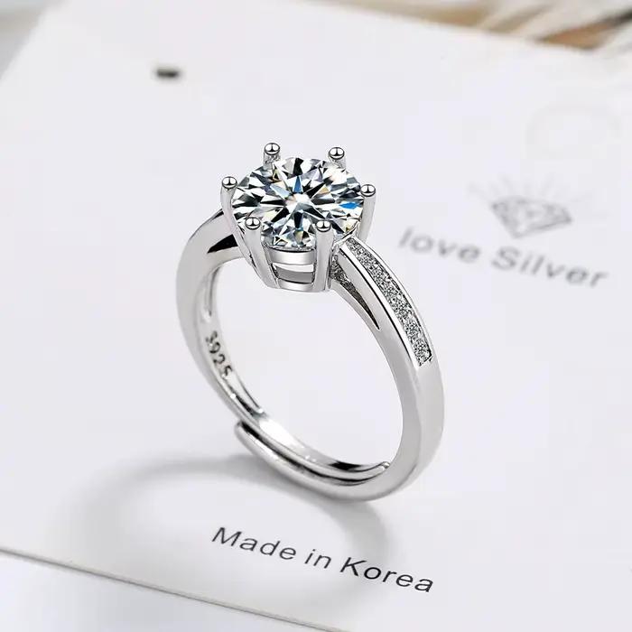 Bague en argent sterling 925 avec moissanite, solitaire classique à 6 griffes avec pierres latérales, bague de promesse de mariage ajustable pour femme