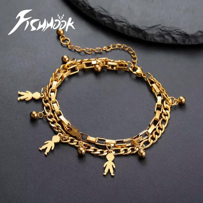 Bracelet en acier inoxydable à double chaîne de maillons et breloques pour femme et homme