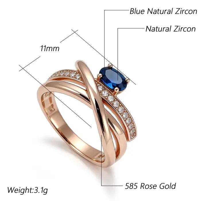 Bagues Croisées Inhabituelles en Or Rose 585 Serties de Zircon Naturel Bleu Brillant Élégantes pour Fêtes et Occasions Spéciales