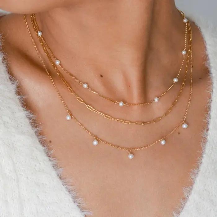 Collier de perles naturelles en or 14 carats chaîne boho pour femmes soirée élégant à offrir ocassions spéciales