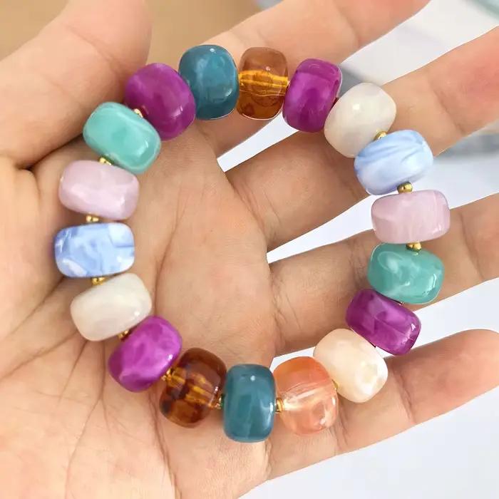 Bracelet élastique rond en résine pour femme, couleur or, perles baril PVD, grand acier inoxydable,
