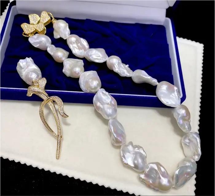 Collier vintage en perles Akoya véritables, perles naturelles de 13-21 mm, grandes perles baroques, ensemble de collier et fleur de poitrine, 18'' 20''