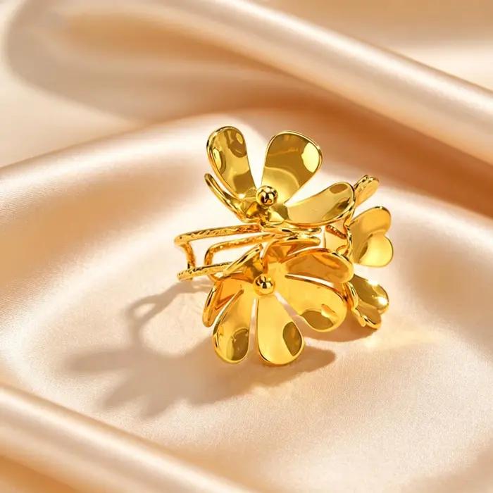 Bagues Uniques aux Grandes Fleurs Exagérées, Bijoux en Acier Inoxydable Doré, Cadeau Idéal pour Femme, Occasions Spéciales