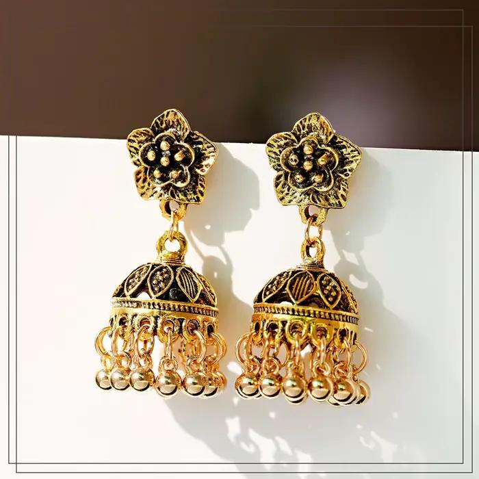 Boucles d'oreilles Boho Vintage ethnique indienne Jhumka pour femmes, couleur or, cloche, pompon, fleur sculptée, goutte, bijoux gitans
