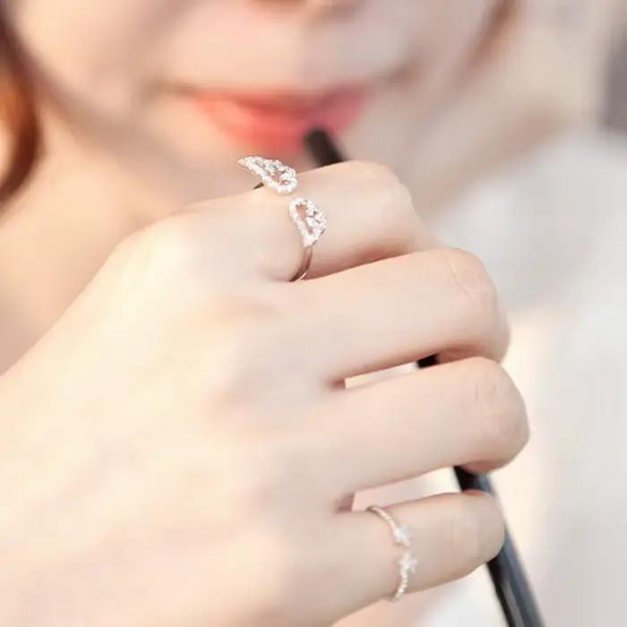 Bague Ailes d'Ange Style Coréen Femme Anneau Réglable Strass Argent Occasions Spéciales