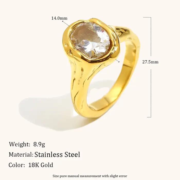 Bague de Luxe Rond Brillante en Zircon Acier Inoxydable Plaquée Or PVD pour Femmes Styles Élégants Soirées Bureau Occasions Spéciales